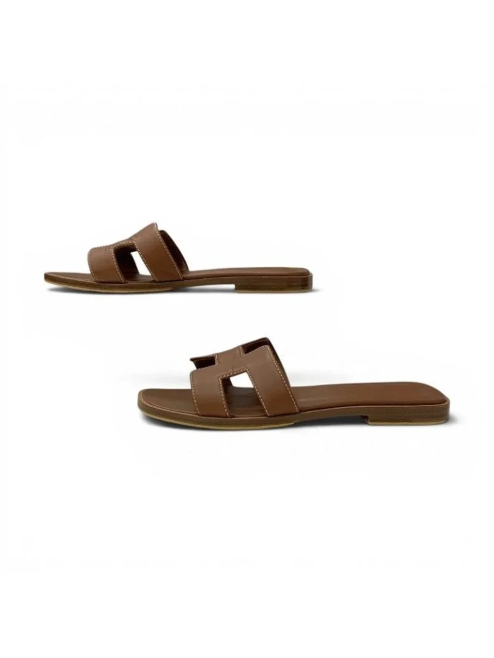 Hermes Oran Sandals Shoes Leather Brown Flat Mules